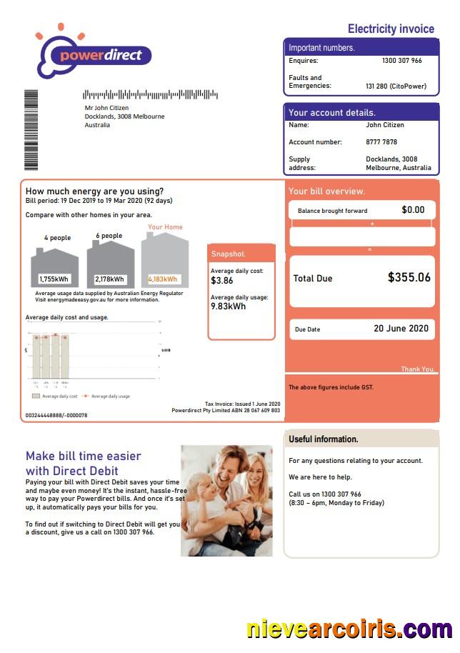 Australia Powerdirect electricity utility bill